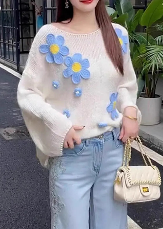 Stylish White O Neck Hollow Out Knit Sweater Tops Fall