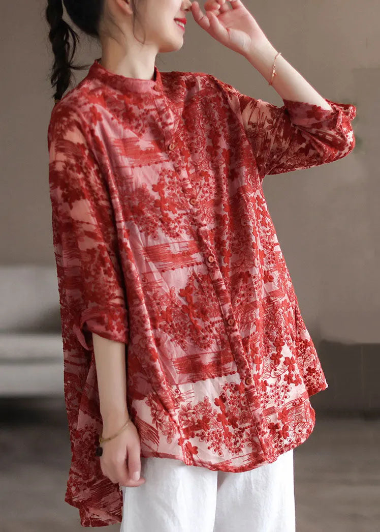 Stylish White Stand Collar Embroidered Patchwork Lace Shirt Tops Long Sleeve