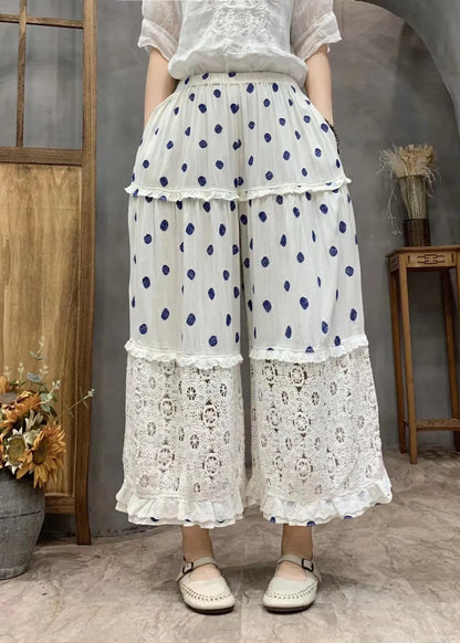 Yellow Dot Print Ruffled Patchwork Elastic Waist Crop Wide Leg Pants
