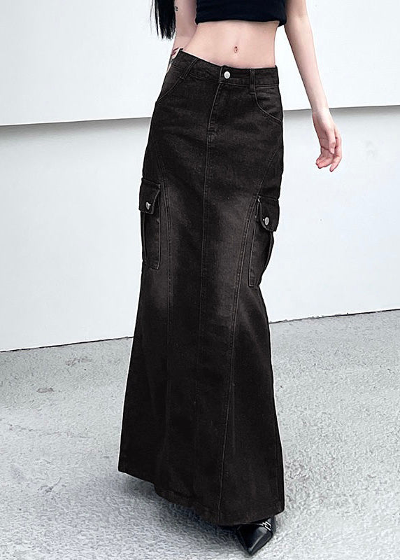 Dark Gray Pockets Side Open Denim Skirt Summer