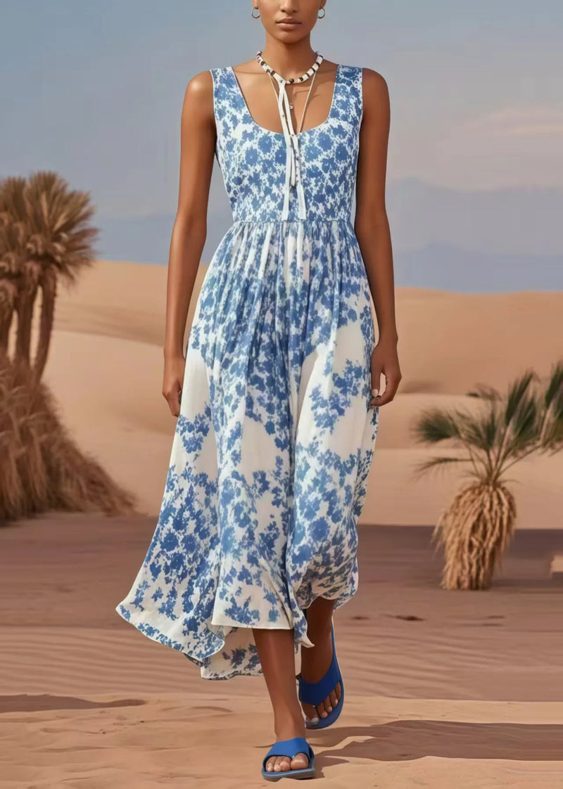 Blue U Neck Print Cotton Holiday Dress Summer