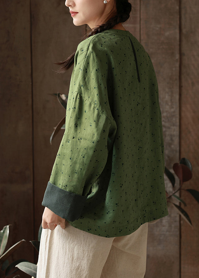 Retro Yellow O-neck Print Loose Linen Shirts Spring
