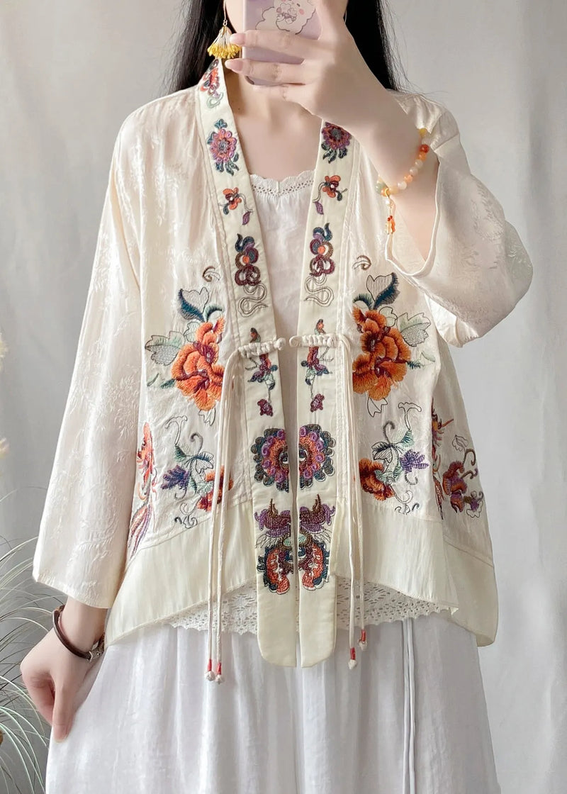 Black Linen Silk Cardigans Embroideried V Neck Tasseled Spring