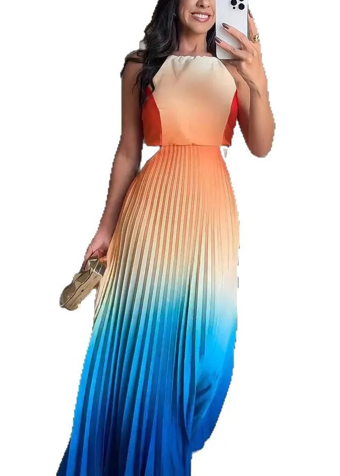 New Hanging Neck Hundred Fold Green Gradient Dress