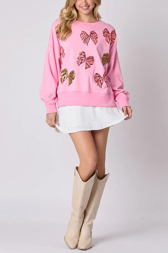 Christmas Bow Sequin Loose Casual Long-Sleeve Sweatshirt