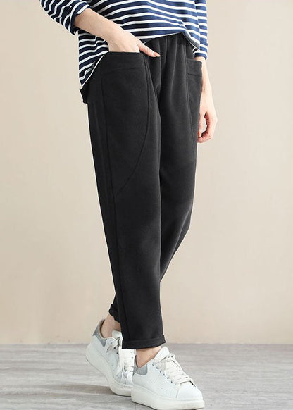 Black Patchwork Cotton Pants Pockets Color Spring