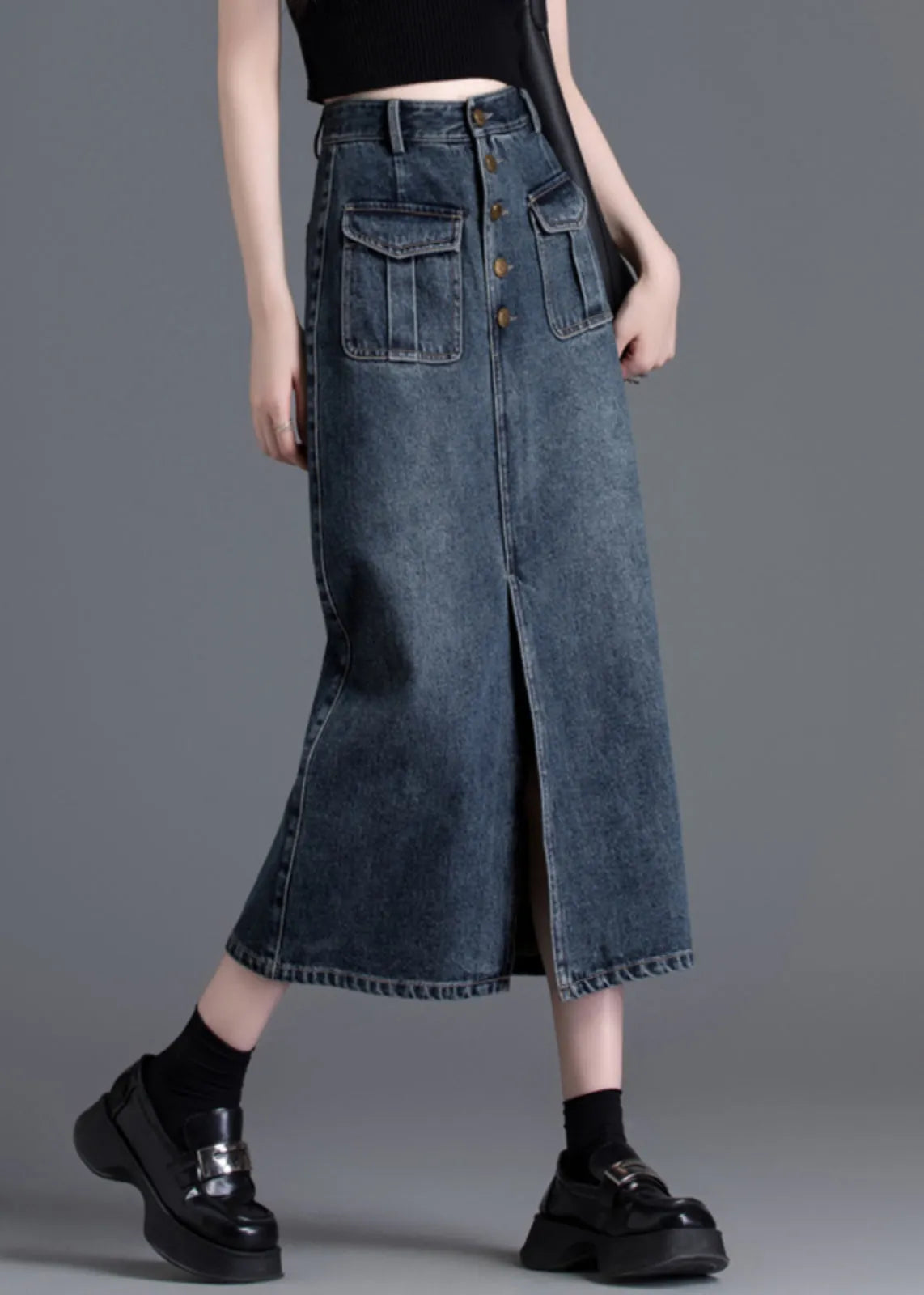 Silm Fit Navy High Waist Side Open Denim Straight Skirt Spring