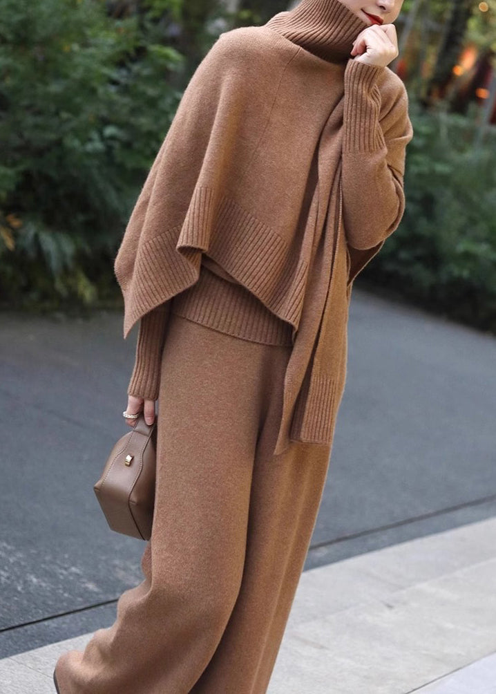 Khaki Turtleneck Knit Two Pieces Set Winter