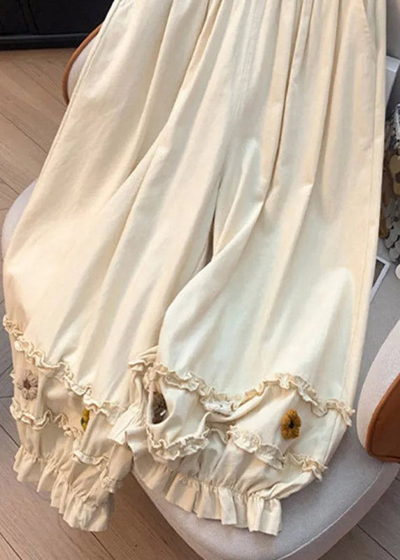 Beige Ruffled Patchwork Wide Leg Pants Summer