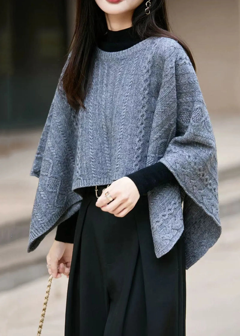 Blue Cozy Thick Woolen Sweater O Neck Batwing Sleeve