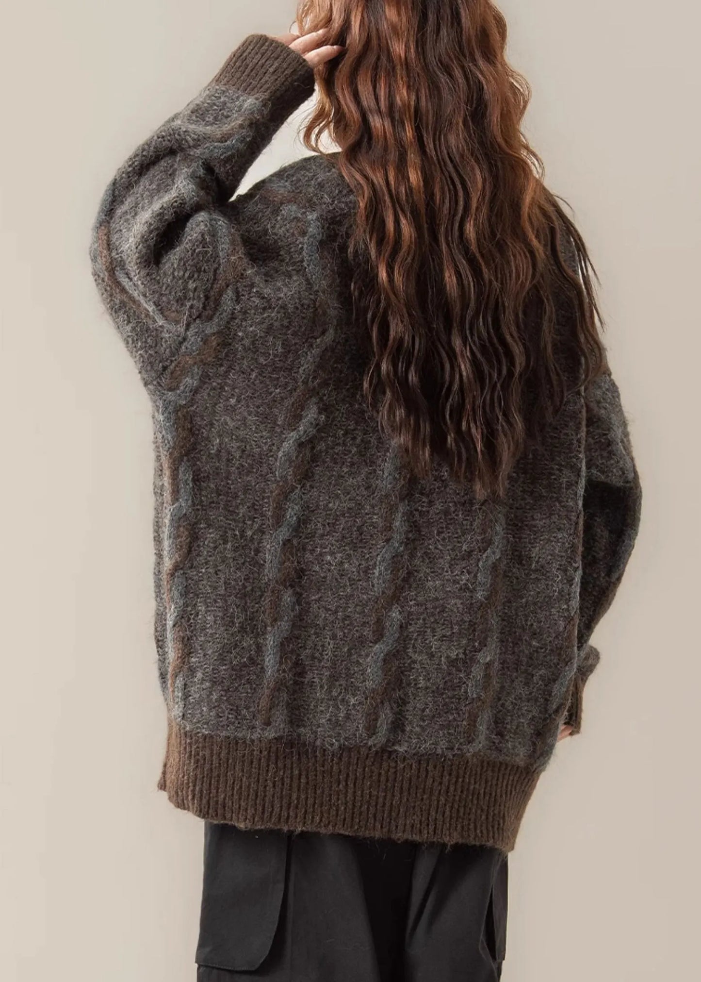 Coffee Button Pockets Patchwork Oversized Knit Coat V Neck