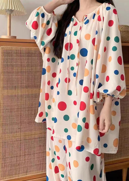 Stylish Dot Lace Up Cotton Tops and Pants Pajamas Two Pieces Set Fall