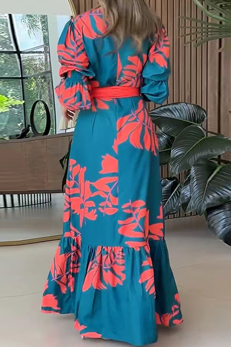 Print Lace Up Ruffle V Neck Printed Dresses