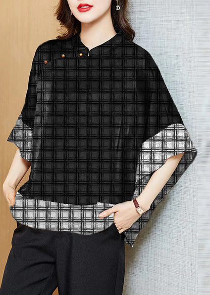 Black Mandarin Collar Asymmetrical Patchwork Jacquard Silk Shirts Batwing Sleeve