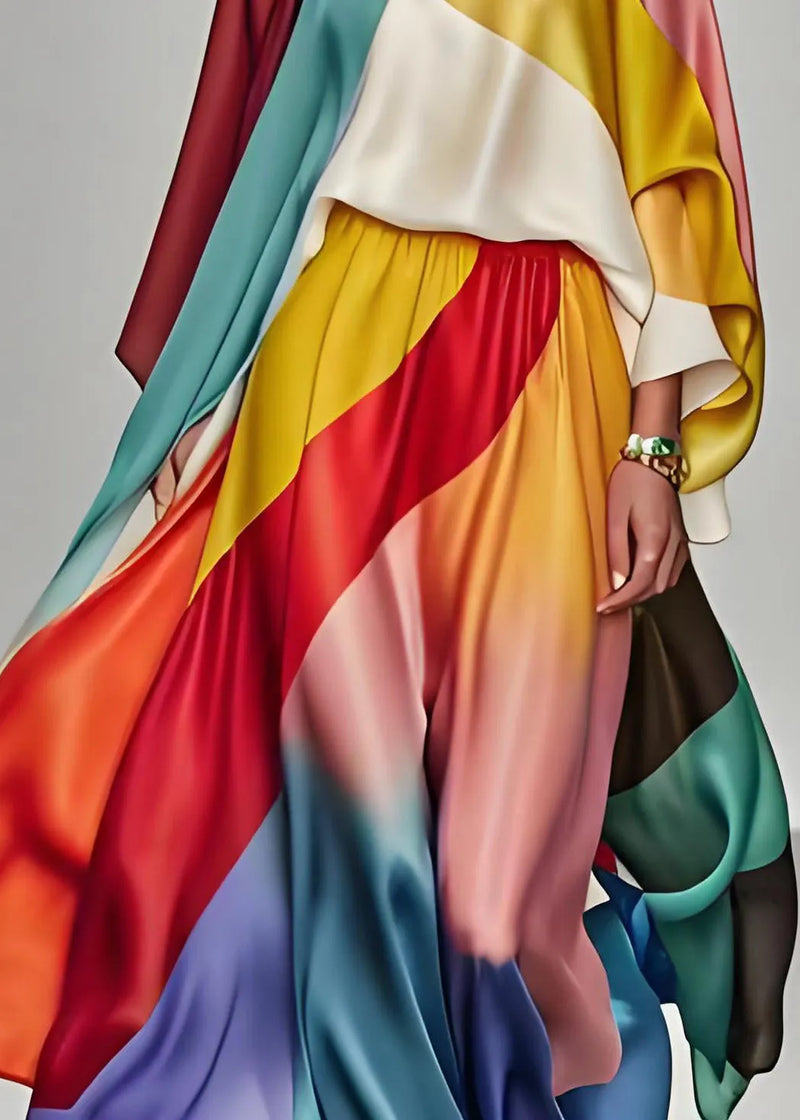 Italian Colorblock Tops and Pants Silk Two Piece Suit Set Summer