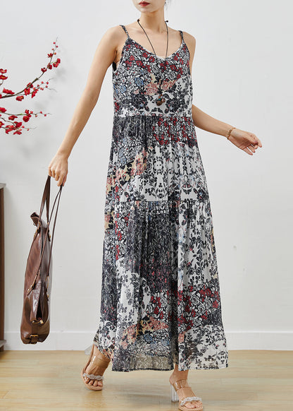 Black Print Exra Large Hem Chiffon Spaghetti Strap Dress Summer
