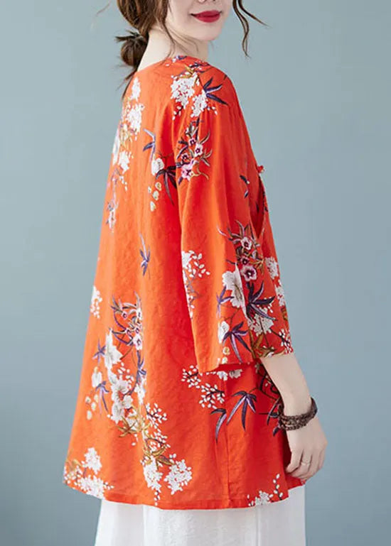 Loose Red V Neck Print Cotton Top Summer