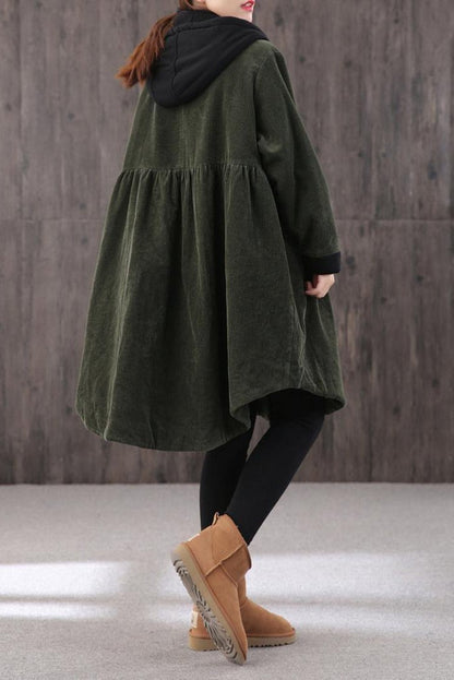 Mid-length Retro Winter Padded Warm Corduroy Coat Hooded Green Trench Coat Corduroy Over Coat