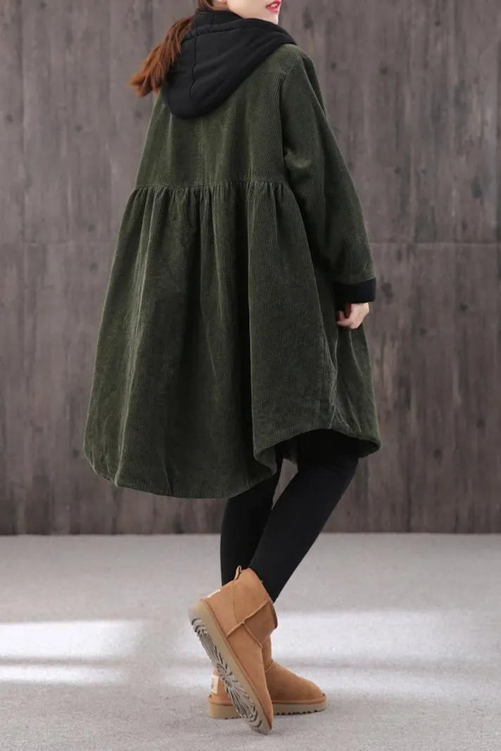 Mid-length Retro Winter Padded Warm Corduroy Coat Hooded Green Trench Coat Corduroy Over Coat