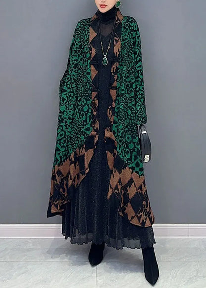 Green V Neck Print Patchwork Long Knit Cardigans Fall
