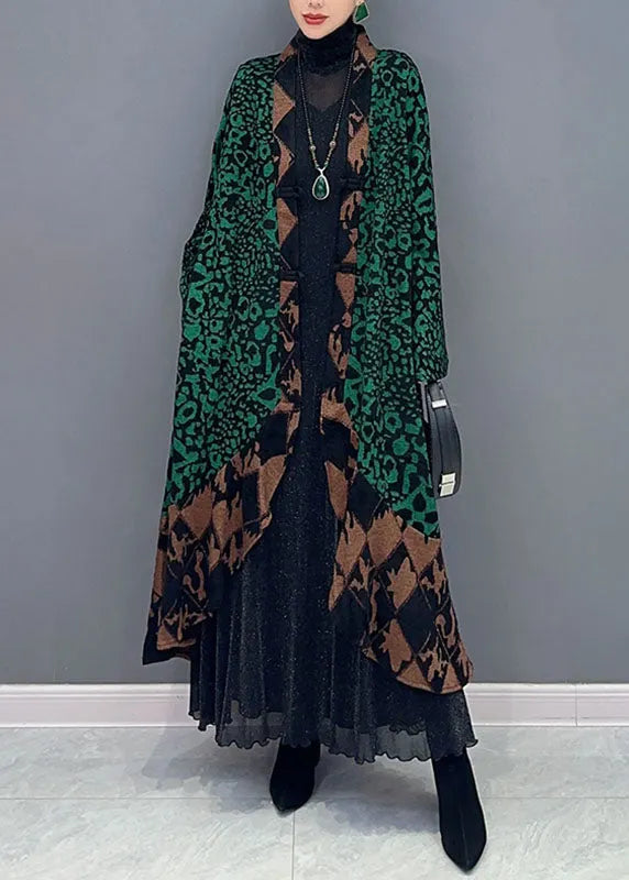 Green V Neck Print Patchwork Long Knit Cardigans Fall