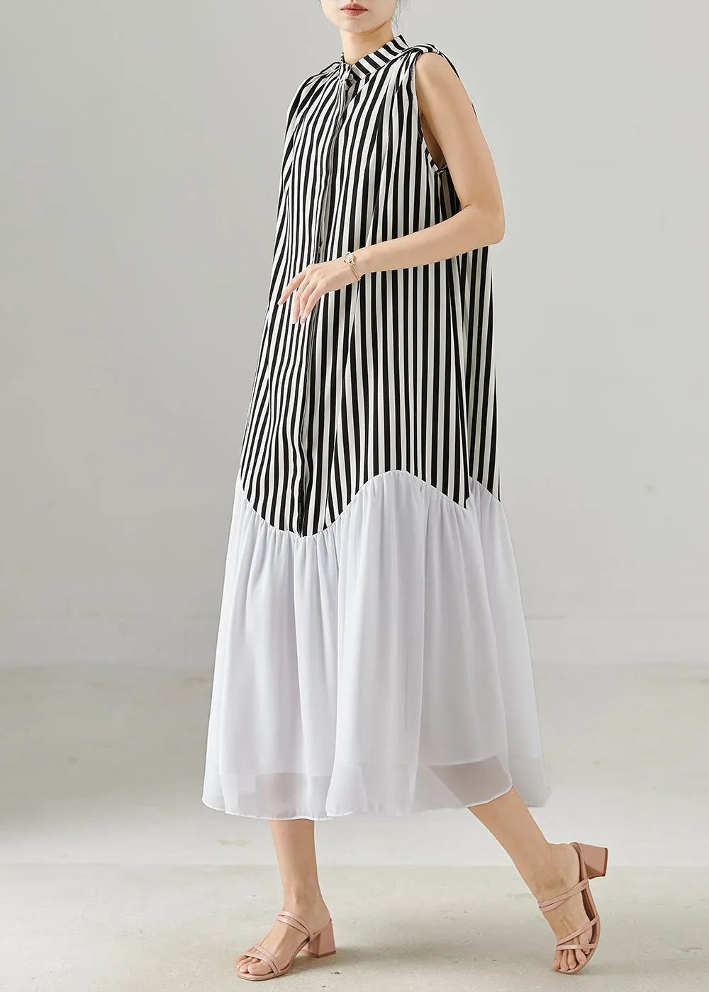 Black Striped Patchwork Chiffon Holiday Dress Sleeveless
