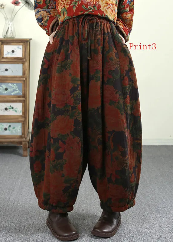 Pockets Print Elastic Waist Fine Cotton Filled Pants Winter