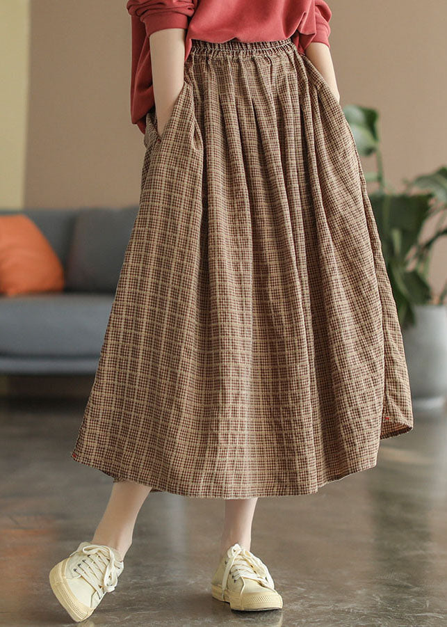 Khaki Elastic Waist Pockets Plaid Cotton a Line Skirts Spring