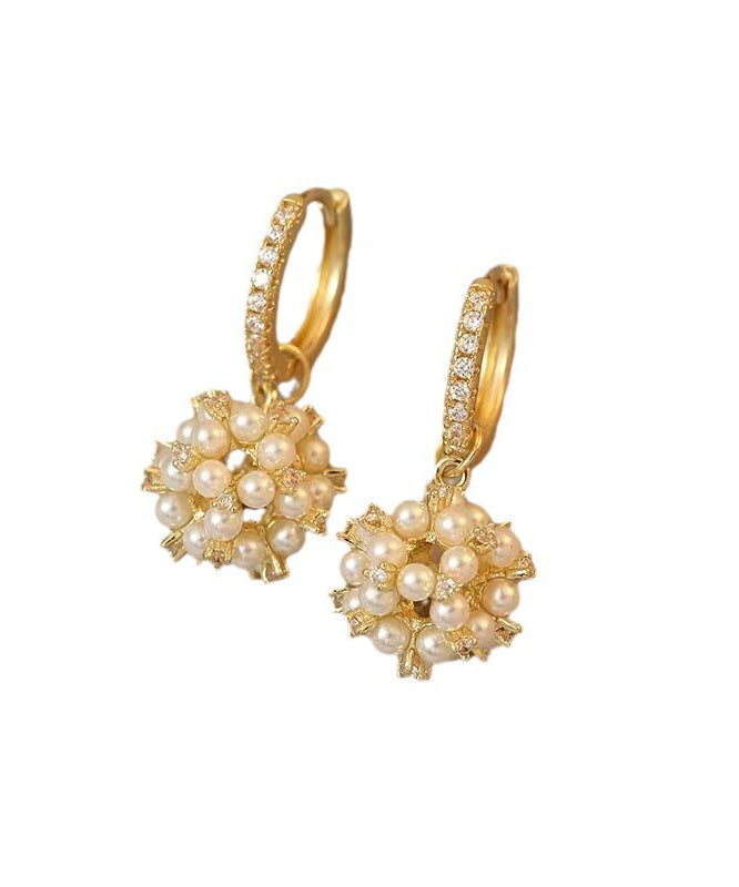 Gold Metal Overgild Pearl Zircon Ball Drop Earrings