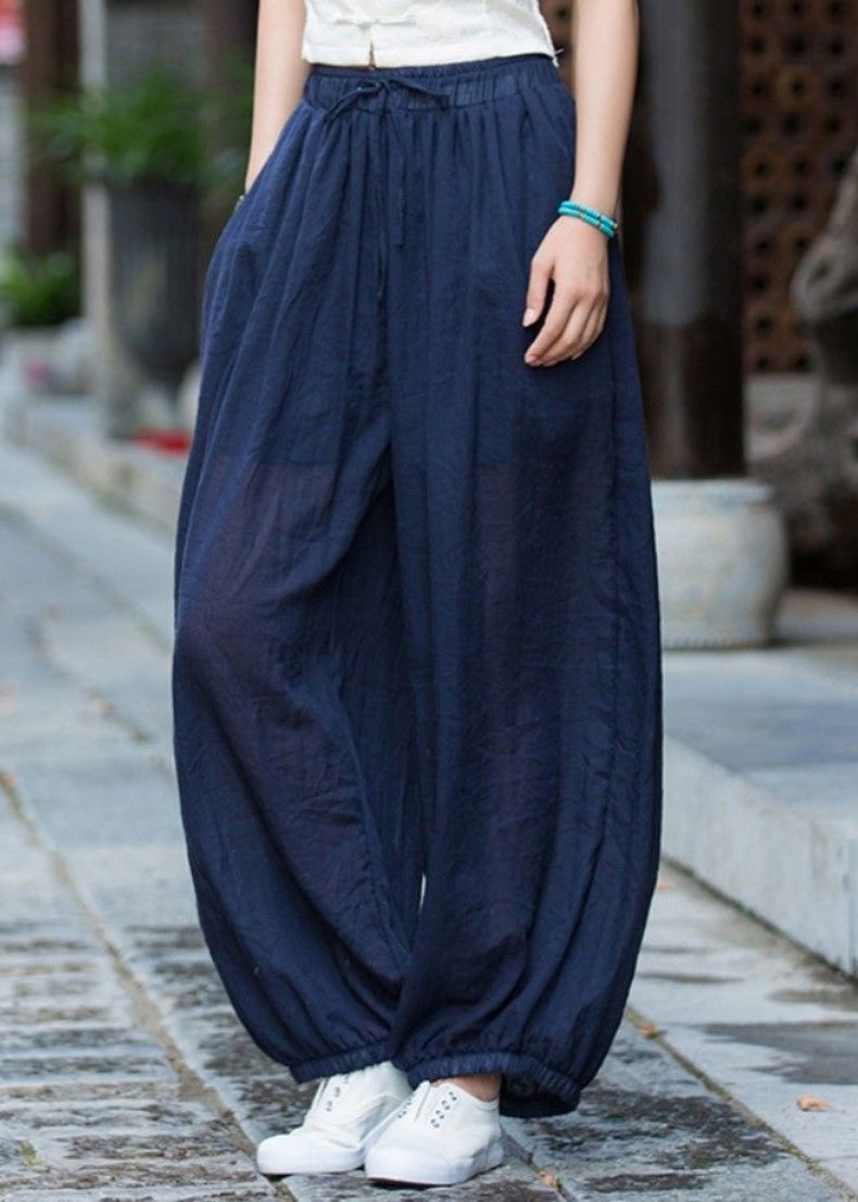 Navy Pockets Elastic Waist Cotton Lantern Pants Summer