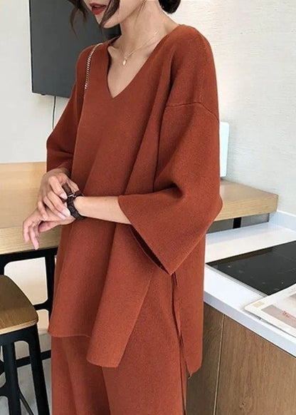 Style Orange V Neck Side Open Knit Two Piece Suit Set Spring