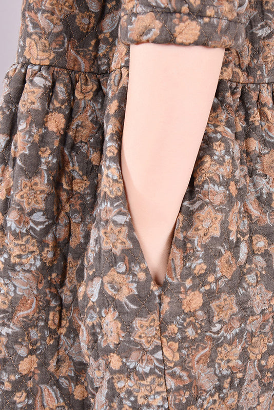Winter Quilted Print Dress Cotton Linen Dress
