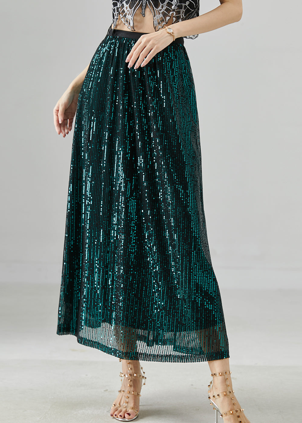 Peacock Green Sequins Silm Fit Holiday Skirts Summer