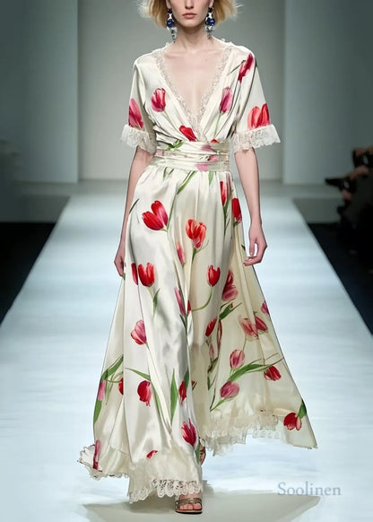 White Print Patchwork Lace Long Dress Summer