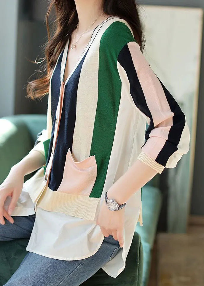 Colorblock V Neck Patchwork Striped Knit Cardigans Spring