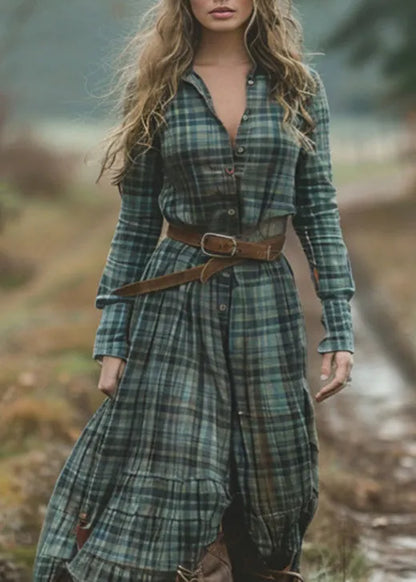 Green V Neck Plaid Button Chiffon Long Dress Fall