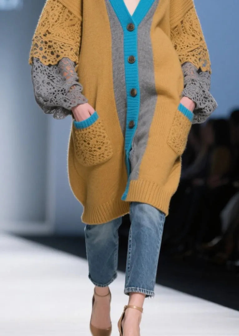 Brown Oversized Patchwork Lace Knit Cardigans Fall