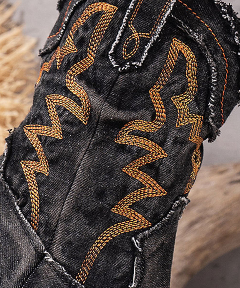 Black Embossed Boots Splicing Cowboy Chunky Boots