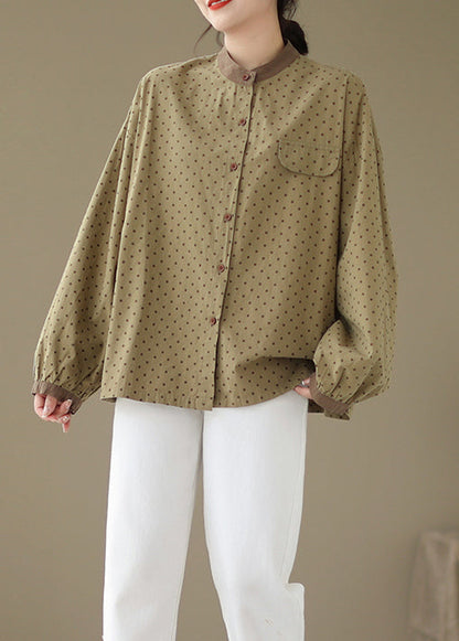 Versatile Green Dot Print Cotton Shirt Fall