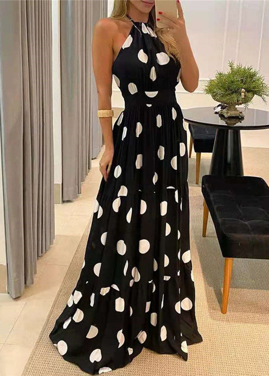 Black Dot Print Wrinkled Cotton Maxi Dresses Sleeveless