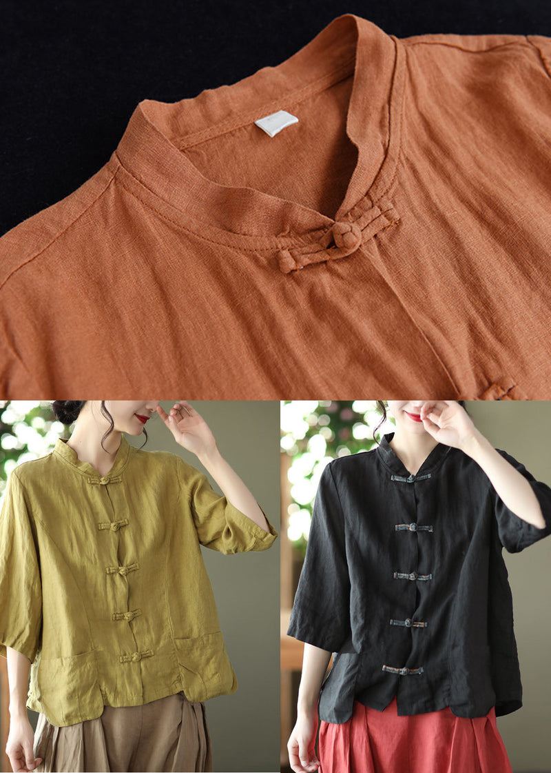 Orange Patchwork Linen Shirt Top Bracelet Sleeve