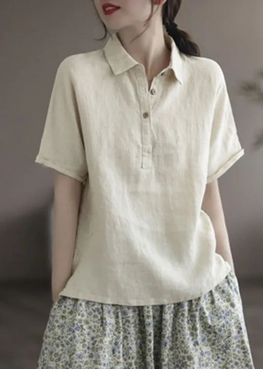 Italian Pink Peter Pan Collar Patchwork Button Linen Top Short Sleeve