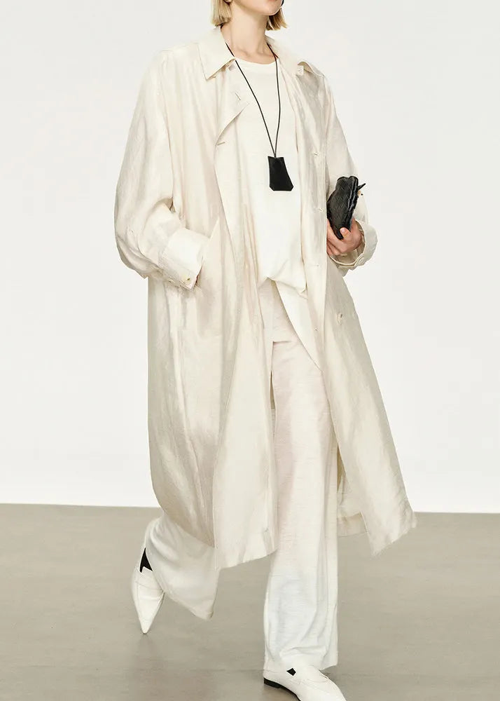 White Pockets Thin Linen Silk Long Trench Coats Peter Pan Collar Batwing Sleeve