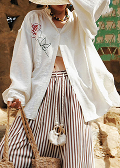 White Stand Collar Rose Cotton Top Lantern Sleeve
