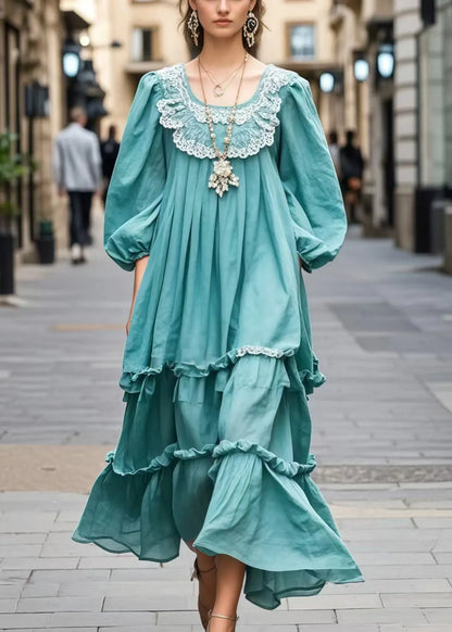 Blue Ruffled Patchwork Lace Dress Bracelet Sleeve