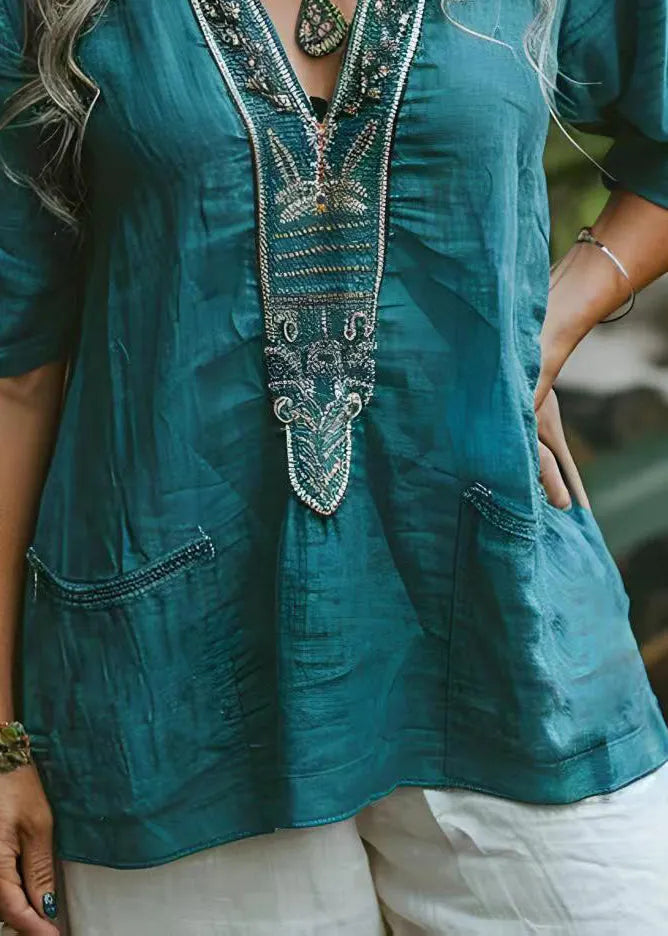 Blue V Neck Print Pockets Cotton Top Summer
