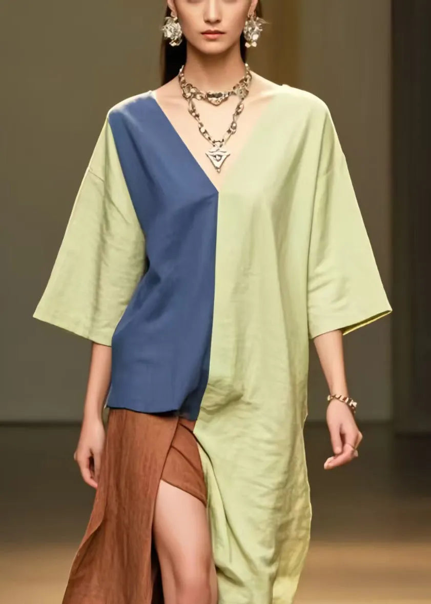 Grass Green Patchwork Cotton Dress Asymmetrical Side Open Summer
