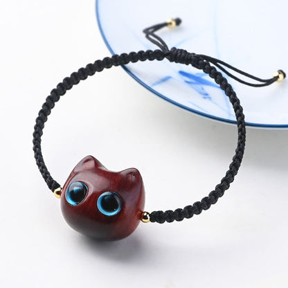 Buddha Stones Small Leaf Red Sandalwood Ebony Wood Cat Head Calm Protection Braided Bracelet