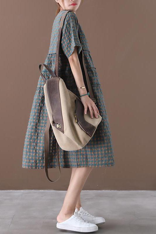 Limited Stock- Summer Plaid Round Neck Cotton Linen Midi Dress