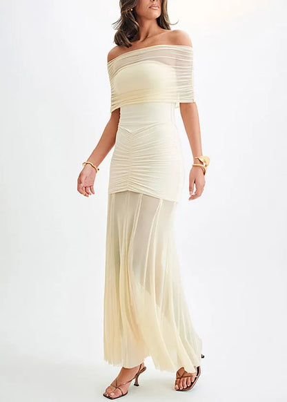 French White Wrinkled Patchwork Tulle Strapless Long Dresses Summer